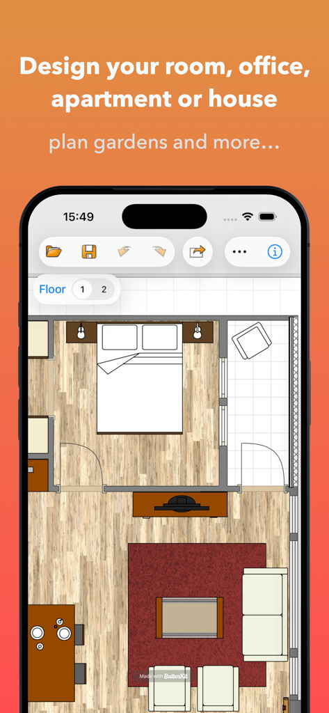 Room Arranger - 2D floor plan of a bedroom and living room on the Room Arranger app