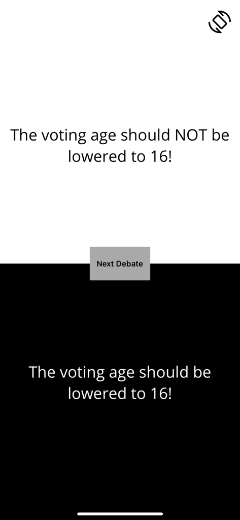 Debate - Party Game - A split screen showing two opposing sides of a debate topic about lowering the voting age to 16 in the Debate party game app.