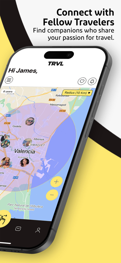 TRVL - Travel & Meet Friends - TRVL mobile app map view showing profile icons of travelers nearby in Valencia to connect and meet