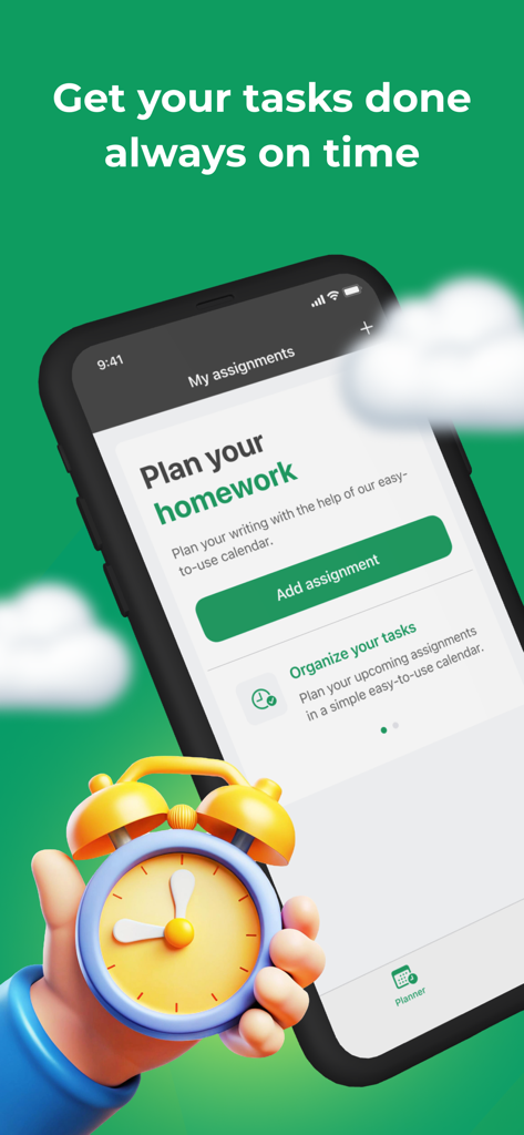 College Essay Writing Help - Ein Smartphone zeigt eine Hausaufgabenplanungs-Oberfläche mit einer Hand, die eine Weckeruhr vor einem grünen Hintergrund hält.