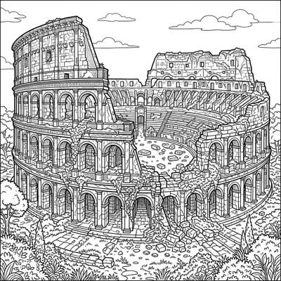 Unearth the majesty of a bygone era with this intricate coloring page featuring grand amphitheater ruins. Designed for adults, this detailed scene invites you to bring ancient history back to life with your creative palette.