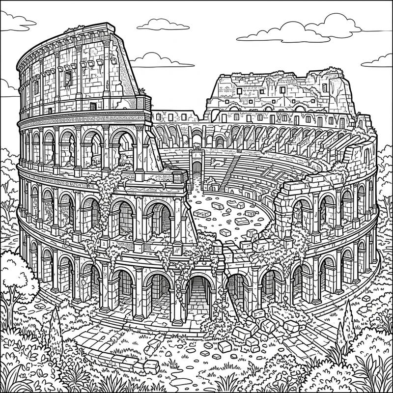 Unearth the majesty of a bygone era with this intricate coloring page featuring grand amphitheater ruins. Designed for adults, this detailed scene invites you to bring ancient history back to life with your creative palette.