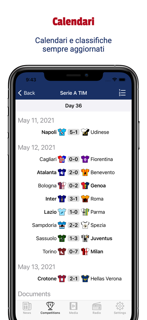 Tutto Cagliari - La aplicación Tutto Cagliari mostrando horarios y resultados de partidos de la Serie A