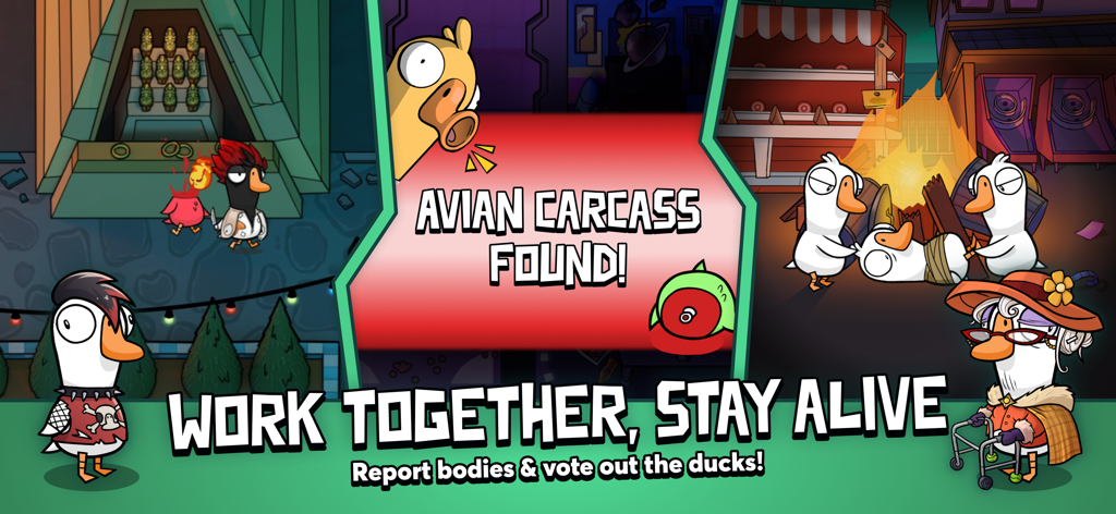Cartoon bird characters in a social deduction game interface with text about reporting bodies and staying alive