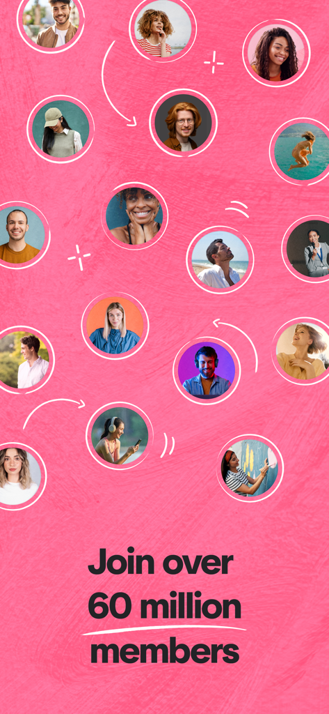 A pink background with a collage of diverse profile photos and text that says Join over 60 million members.