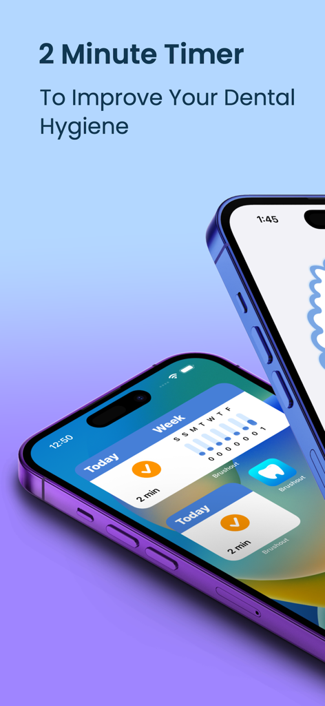 Brushout - Brushout app screenshot showing a two minute dental timer and habit tracking widgets on iPhone