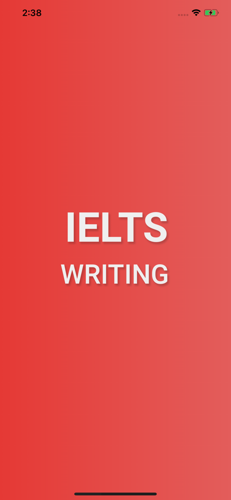 IELTS Writing Exam Test Prep - Startbildschirm der IELTS Writing Exam Test Prep Mobile App mit weißem Text auf rotem Hintergrund