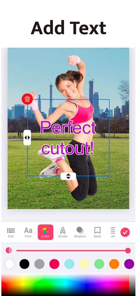 Interface de l'application Magic Eraser montrant comment ajouter et personnaliser du texte sur un détourage photo.