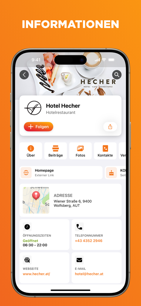 Eine Geschäftsseite in der CITIES App mit Adresse und Öffnungszeiten