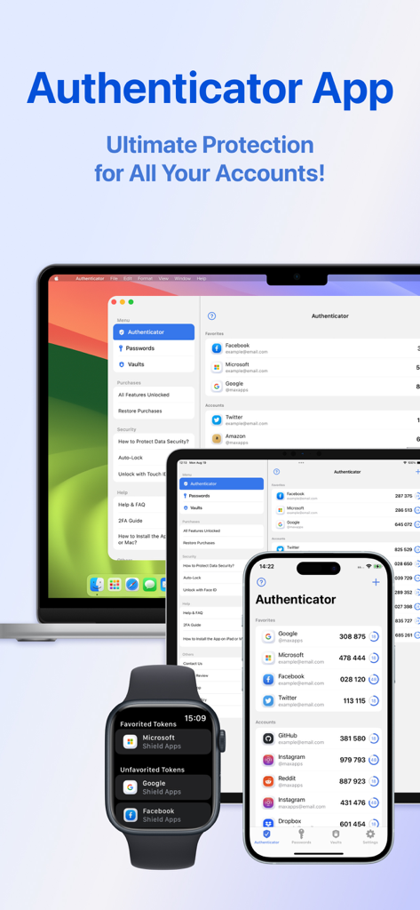 Authenticator app interface shown on MacBook iPad iPhone and Apple Watch for 2FA security