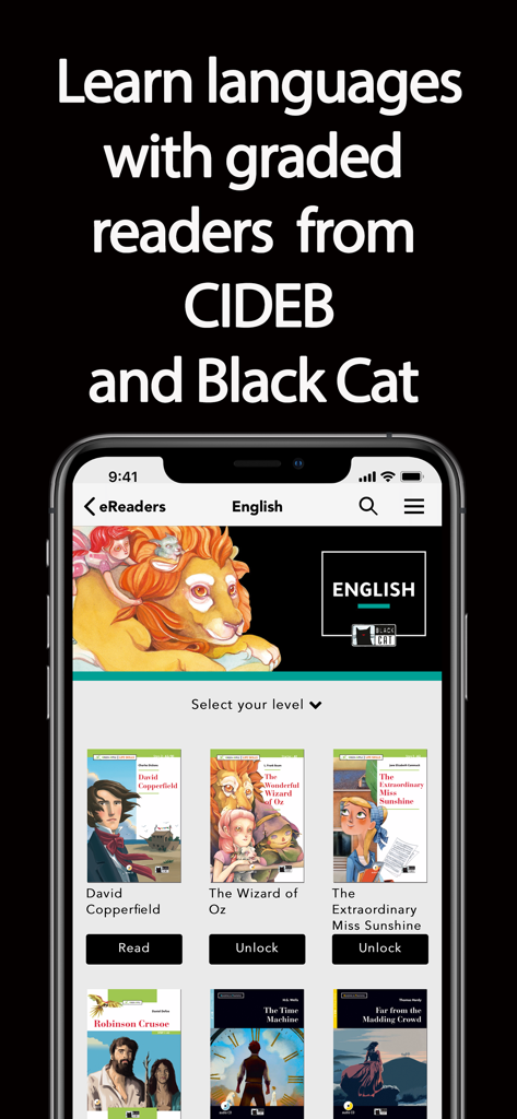 Schermo dello smartphone che mostra la libreria dell'app eReaders con varie letture graduate in lingua inglese come David Copperfield.