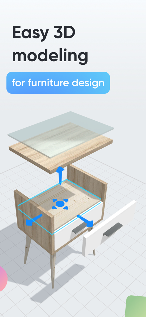 Moblo - 3D furniture modeling - An exploded 3D model view of a wooden nightstand being designed in the Moblo app