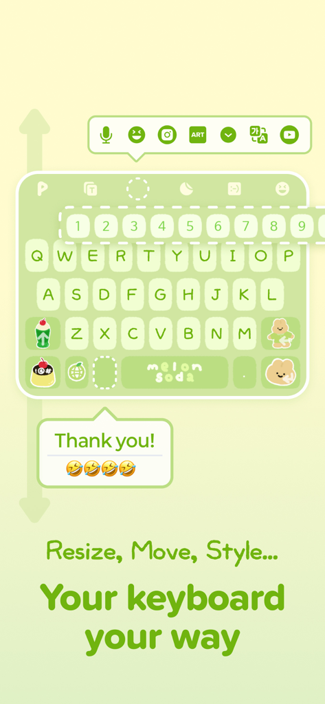 PlayKeyboard - Fonts, Emoji - La aplicación PlayKeyboard muestra un tema estético de refresco de melón verde claro con opciones para redimensionar, mover y estilizar el diseño del teclado.