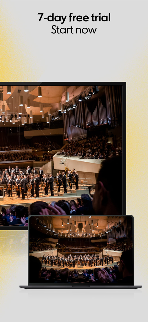 Berliner Philharmoniker - Angebot für eine 7-tägige kostenlose Testversion der Berliner Philharmoniker Digitalen Konzerthalle auf TV und Laptop