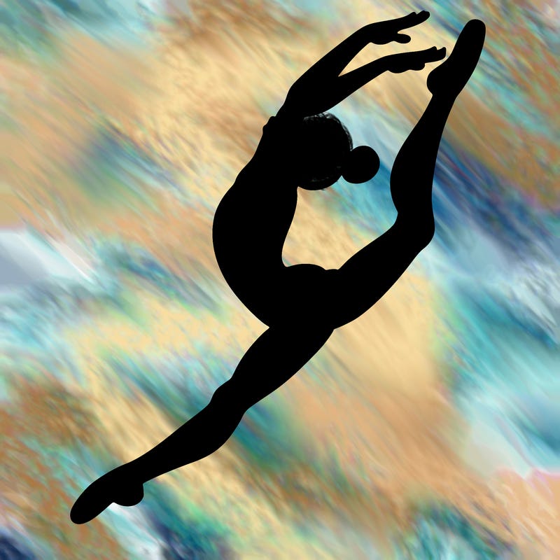 gymnast doing a leap in a leotard with a bent back leg