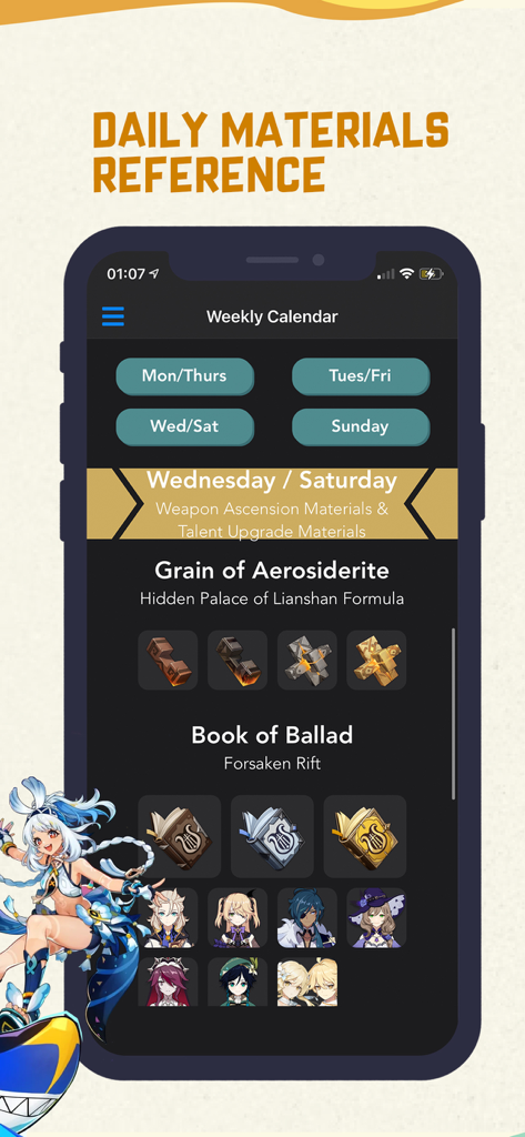 GI Pocket Helper - Weekly calendar screen in the GI Pocket Helper app showing daily materials and character upgrade items for Genshin Impact.