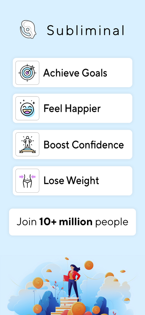 Subliminal: Manifest Goals - Tela do aplicativo Subliminal mostrando objetivos de manifestação como felicidade e confiança