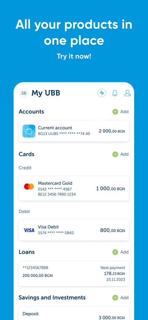 UBB Mobile app dashboard showing account balances cards and loans