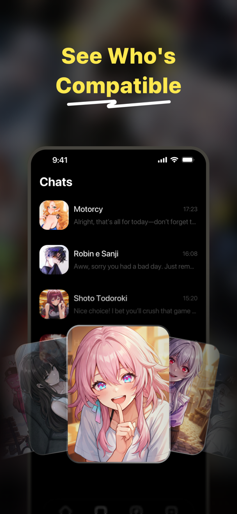 Dootchi app interface showing anime AI characters and a compatibility feature for roleplay chats