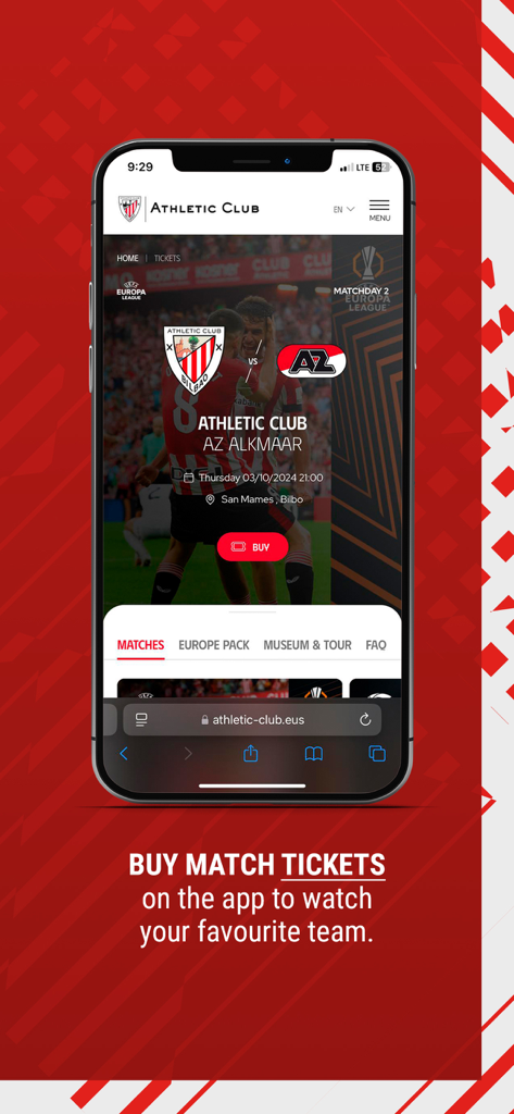 Official Athletic Club mobile app interface showing match ticket purchasing for the Europa League game against AZ Alkmaar