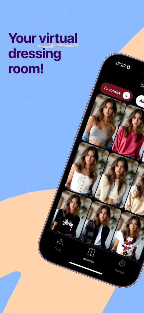 AI Clothes Changer: Dressy - A smartphone displaying the Dressy app interface featuring a virtual dressing room grid with various AI-generated outfits on a model.
