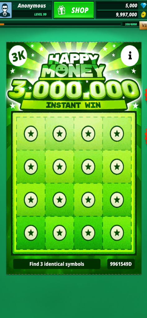Lottery Scratch Off & Games - A green Happy Money virtual scratch card with sixteen star icons to reveal prizes in the Lottery Scratch Off game.