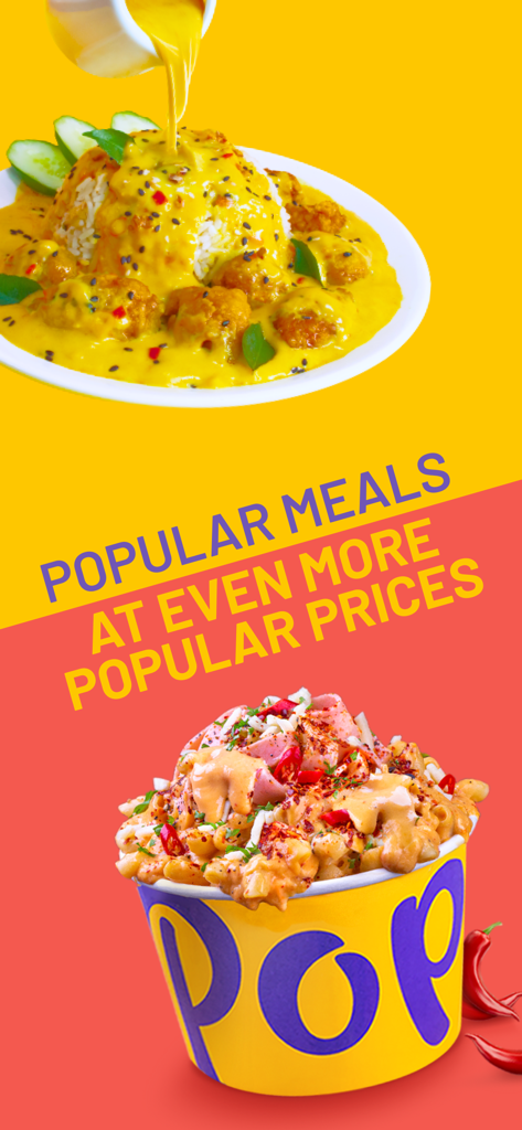 Pop - Meals just like home - Pop Meals app display featuring popular homestyle dishes with the text popular meals at even more popular prices