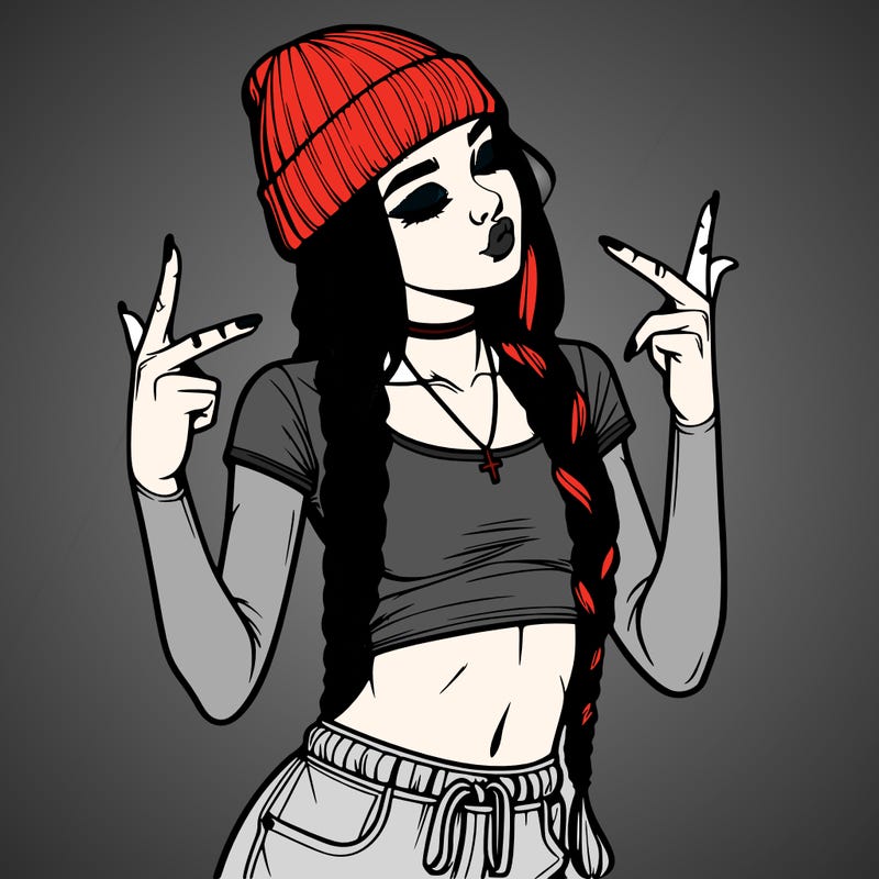 realistic teenage girl with braids and a beanie and crop top doing 🫶🏼