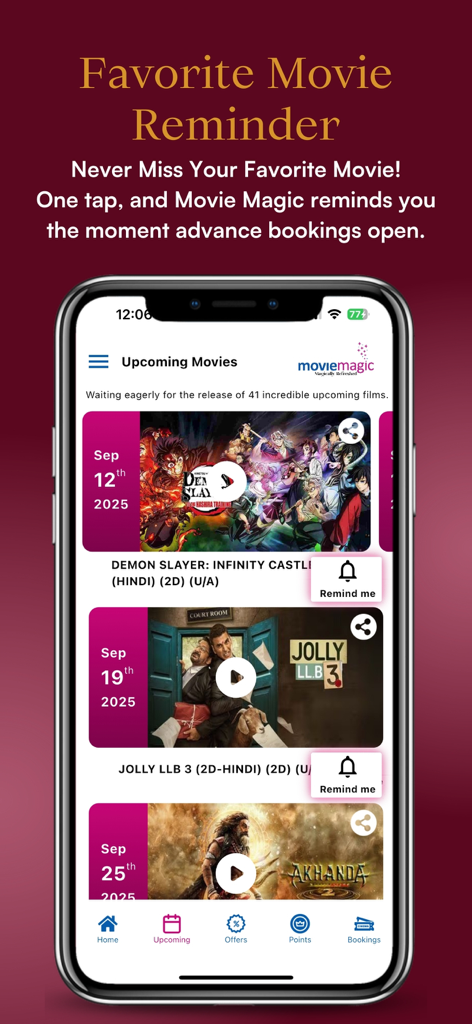 Movie Magic Multiplex - Interfaz de la aplicación Movie Magic Multiplex mostrando la lista de próximas películas con una función para configurar recordatorios para reservas anticipadas.