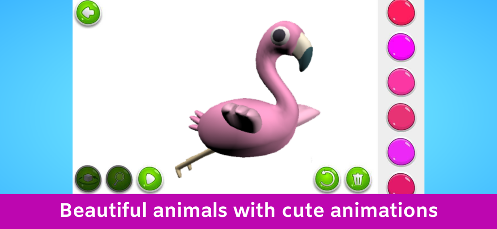 A 3D pink flamingo animated character in a kids coloring book app interface