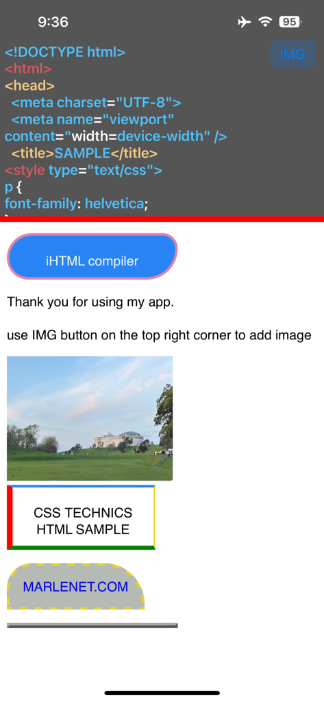 iHTML Compiler - A split screen interface of the iHTML Compiler app displaying an HTML code editor on the top and a real-time visual preview on the bottom.