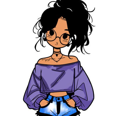 girl with a messy ponytail glasses a baggy crop top and jean shorts