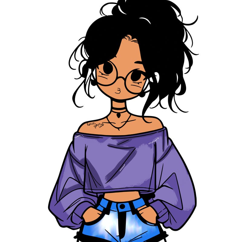 girl with a messy ponytail glasses a baggy crop top and jean shorts