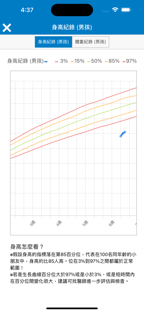 智慧學校 - A child height record screen in the Smart School app showing a growth percentile chart for boys.