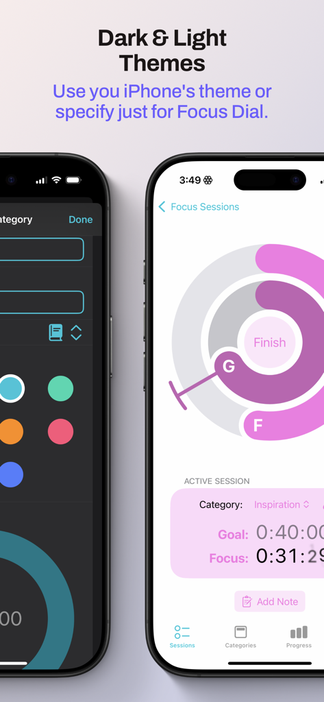 Focus Dial - Focus Dial app interface displaying both dark and light theme options on two iPhones side-by-side.