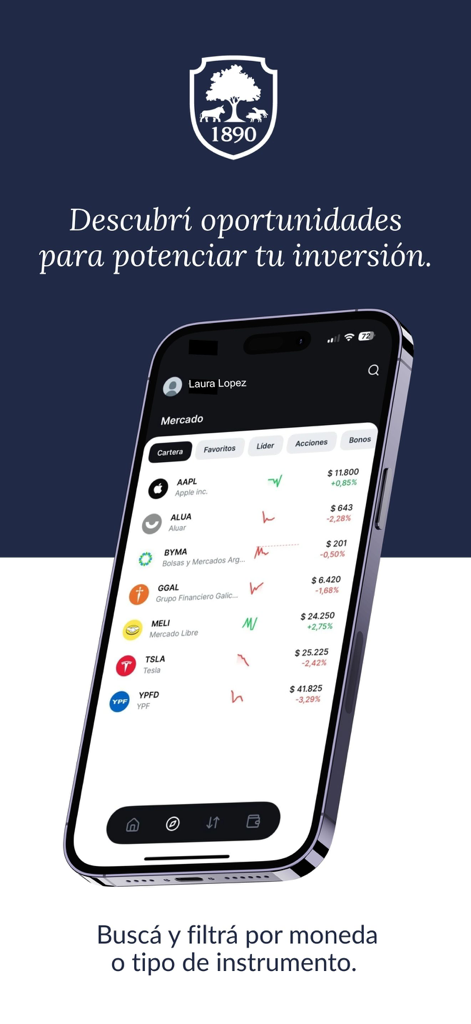 Aldazabal y Cía. - Aldazabal y Cia app showing investment portfolio and real-time stock market quotes on an iPhone.