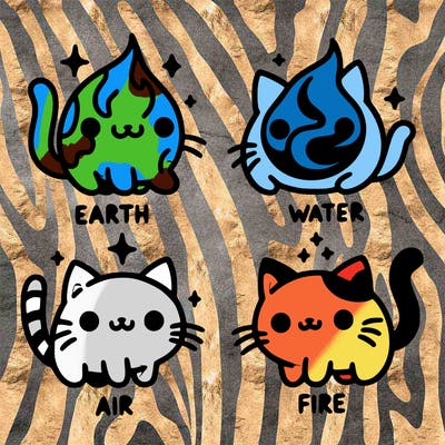 4 cats that represent the different elements, earth, water, air, and fire