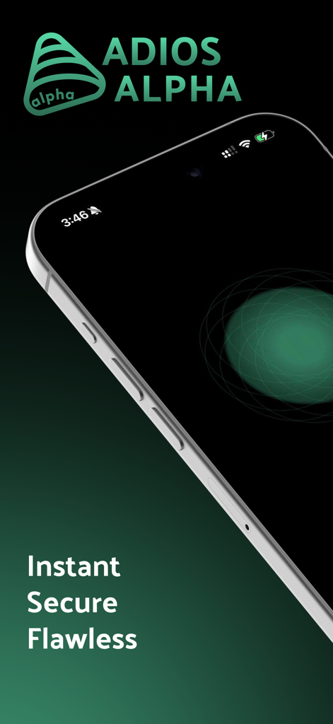 Interface do aplicativo Adios Alpha para smartphone exibindo o slogan Conexão Segura Instantânea e Impecável