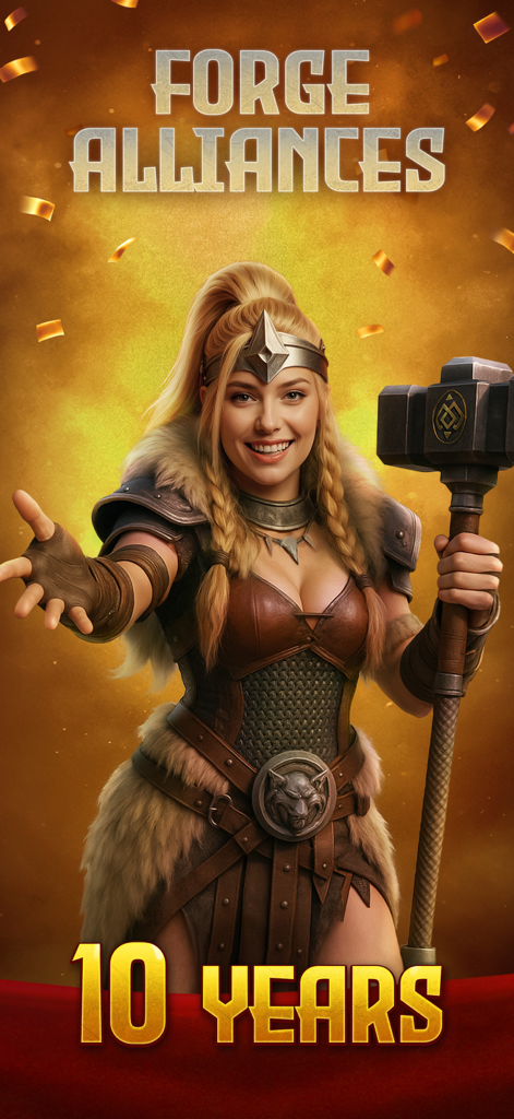 Female Viking warrior holding a hammer and celebrating 10 years of Vikings War of Clans