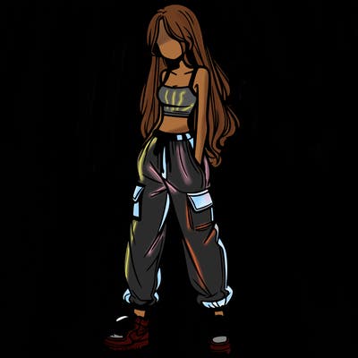 girl in baggy pants crop top and long hair