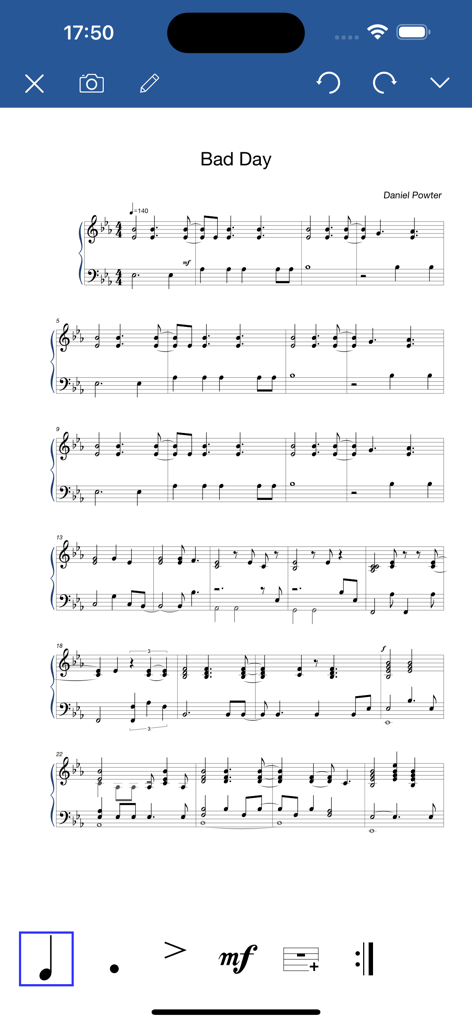 Notation Pad-Sheet Music Score - Interface of the Notation Pad app showing a piano sheet music score for the song Bad Day
