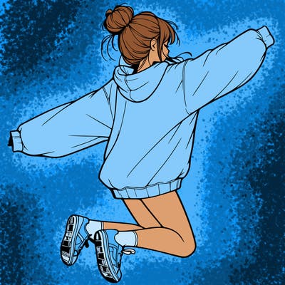 realistic girl jumping with a bun and oversized sweatshirt