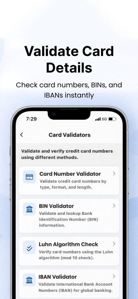 NFC Reader & Card Wallet - Screenshot dell'app Lettore NFC che mostra strumenti di validazione carte inclusi validatori BIN e IBAN e controllo algoritmo Luhn