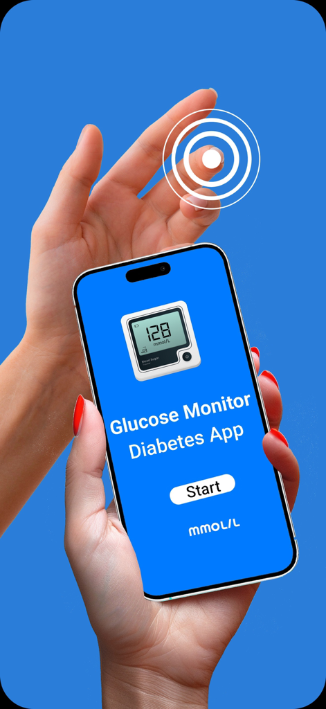 Una persona sosteniendo un iPhone que muestra la pantalla de inicio de la Aplicación Monitor de Glucosa y Diabetes