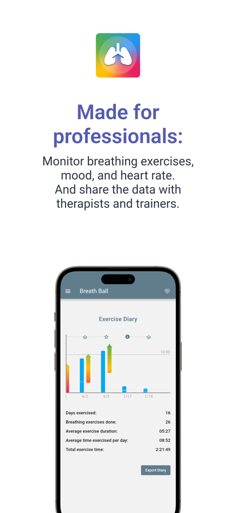 Breath Ball: Breathing & HRV - Interfaz de la aplicación Breath Ball que muestra el diario de ejercicios y estadísticas de salud para el monitoreo profesional.