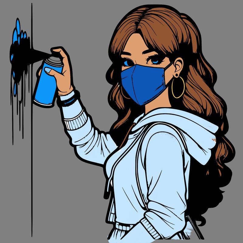 realistic girl with mask spray painting a wall
