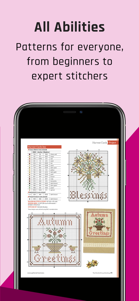Uma tela de celular mostrando gráficos de ponto cruz e chaves de cores para cartões de colheita