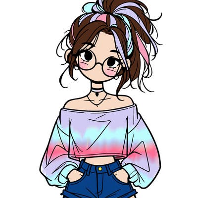 girl with a messy ponytail glasses a baggy crop top and jean shorts