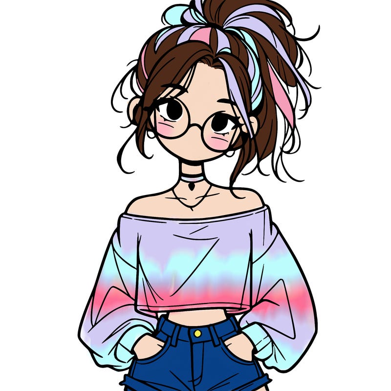girl with a messy ponytail glasses a baggy crop top and jean shorts