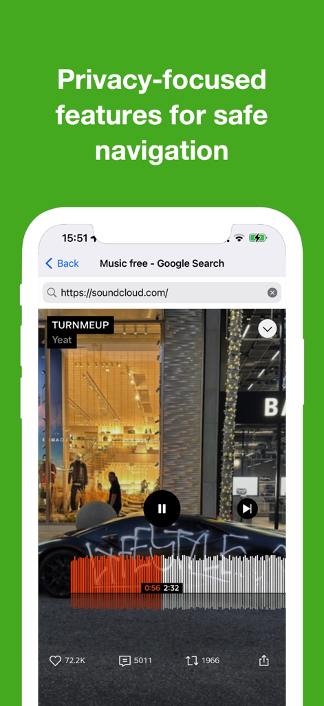 µBrowser - Safe, Fast, Private - Um smartphone exibindo a interface do uBrowser com recursos de privacidade e um videoclipe tocando